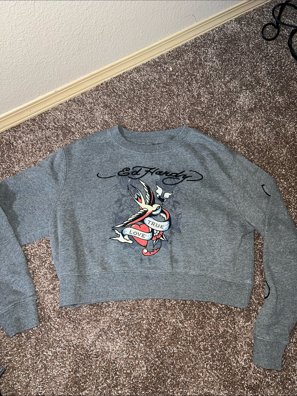 Ed Hardy Gray Cropped Crewneck Sweatshirt with Colorful Swallow Graphic